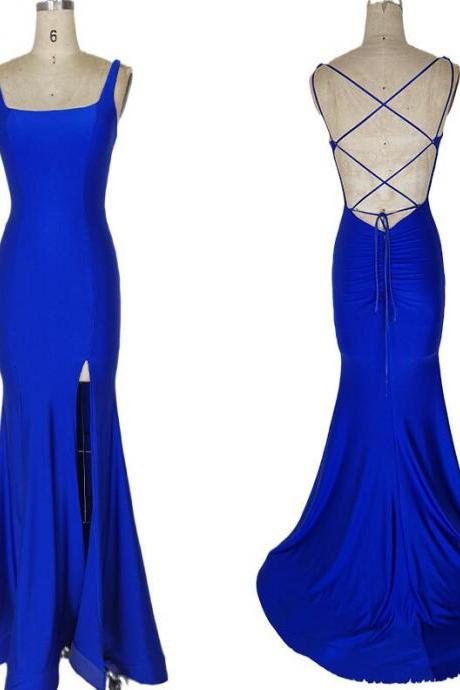 Spandex Sexy Royal Blue Cross Back Party Dress With Slit