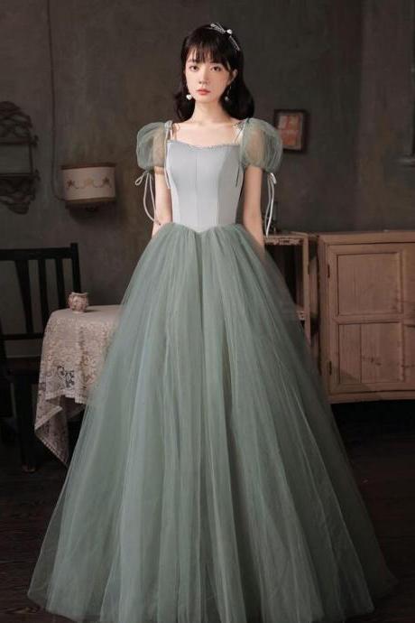 Princess Lovely Green Tulle Cap Sleeves Long Prom Dress
