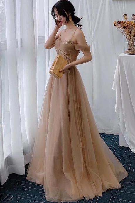 Straps Beaded Champagne Tulle Long Evening Dress