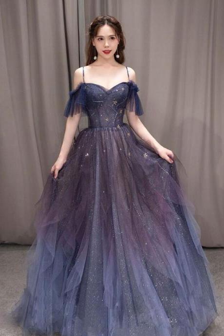 Charming A-line Straps Blue Tulle Prom Dress