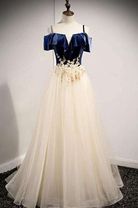 Beautiful Light Champagne Tulle With Blue Velvet Long Party Dress