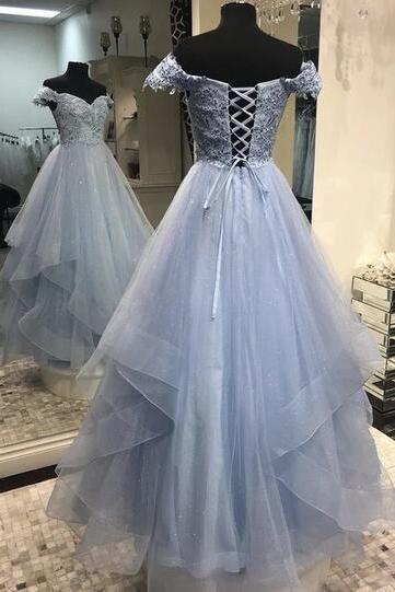 Off Shoulder Grey Tulle Sweetheart Layers Long Party Dress