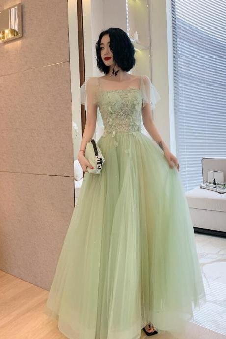 Light Green Tulle Long Evening Dress With Lace Cap Sleeves