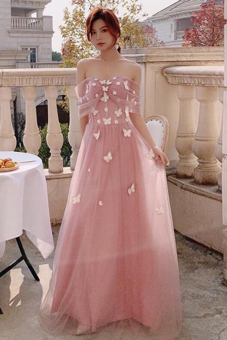 Off Shoulder Pink Tulle A-line Party Dress With Butterflies