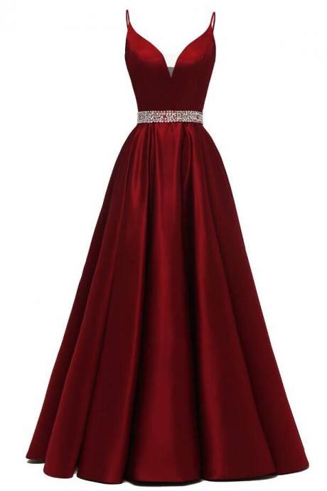 Elegant Spaghetti Straps Long Prom Dress Beaded Satin Prom Dress