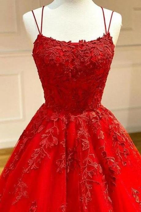A Line Red Lace Prom Dress , Evening Dress