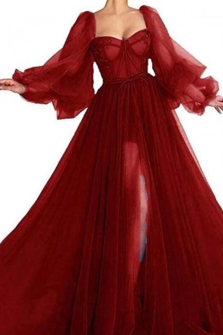 Sexy Wine Red Tulle Long Sleeve Evening Dress