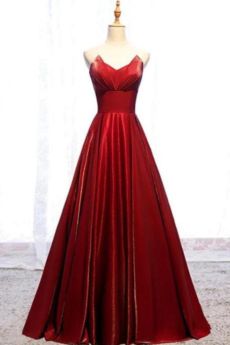 Strapless Loong A Line Red Lace Up Prom Dresses