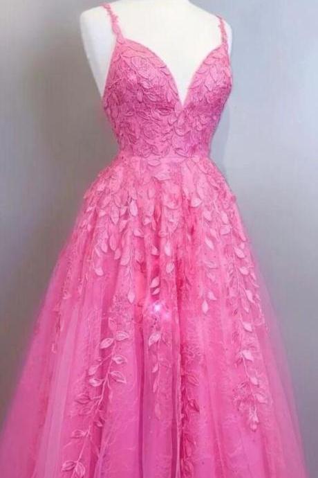 A-line Pink Lace Appliqued Long Prom Dress With Lace Up