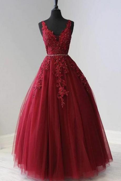 A-line V Neck Tulle Lace Prom Dress Fromal Evening Dress