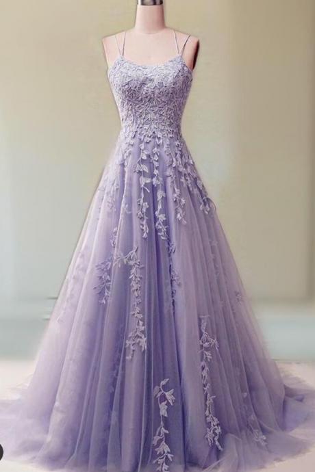 A Line Purple Prom Dresses, Lace Applique Prom Dress 2024
