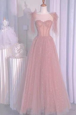 Sweetheart Pink Tulle A-line Prom Dress With Pearls