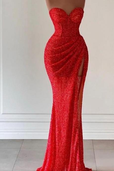 Strapless Red Sequins Slit Long Prom Dress