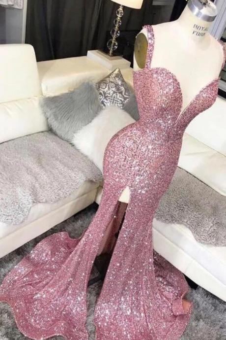 Sexy V Neck Long Slit Pink Sequins Prom Dress