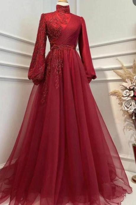 High Neck Burgundy Prom Dresses, Saudi Arabic Prom Dresses,