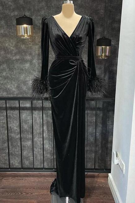 A Line Velvet Black Evening Dress, V Neck Formal Dresses