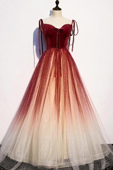 A Line Burgundy Ombre Tulle Long Velvet Evening Dress