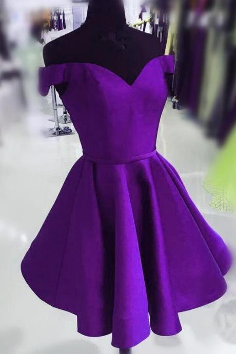 Off Shoulder Purple Satin Short Cute Homecoming Dress