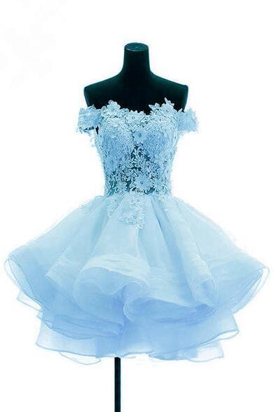 Light Blue Organza Lace Short Party Dress