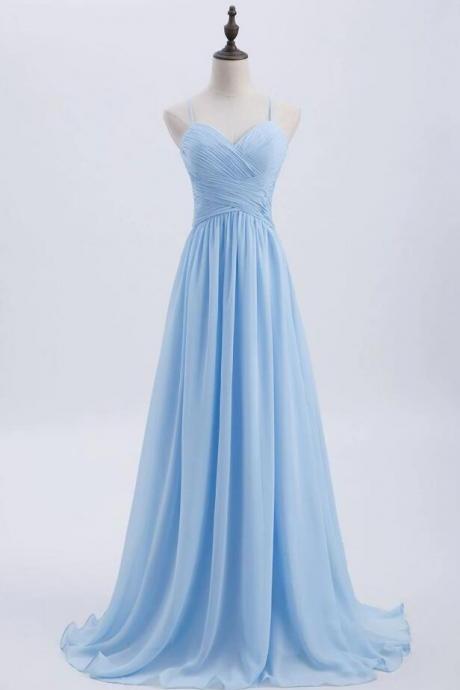 Simple Blue Pleated Spaghetti Straps A-line Chiffon Prom Dress