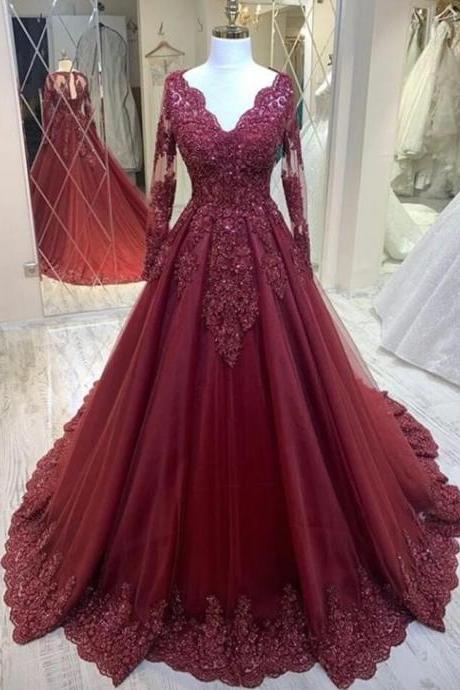 Women's Sexy V-neck Lace Decal A-line Long Sleeve Wine Red Prom Dresses
