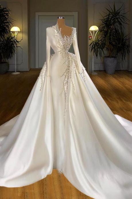  Luxury High Quliaty Dubai Satin Prom Dresses With Pearls