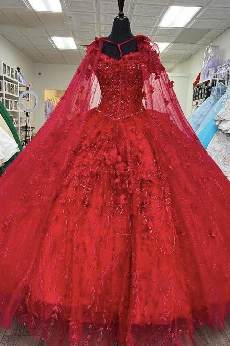 Ball Gown Tulle Cape Red Quinceanera Dresses With 3d Flowers