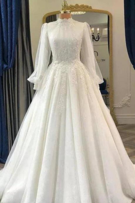High Neck Muslim Wedding Dress 2023 Long Sleeves Bridal Gown