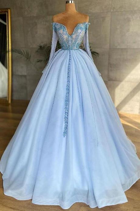 Off The Shoulder Light Blue Ball Gown Evening Dresses With Sleeves