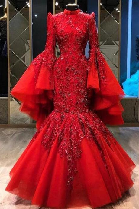 High Neck Mermaid Muslim Luxury Red Evening Dresses