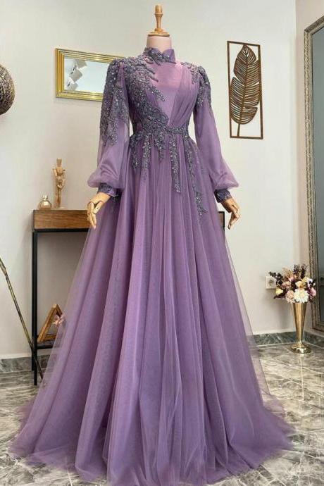 A-line Purple Muslim Evening Dresses