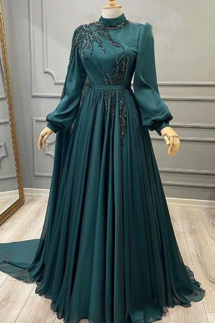 A-line Teal Long Sleeve Formal Dress Lace Beaded