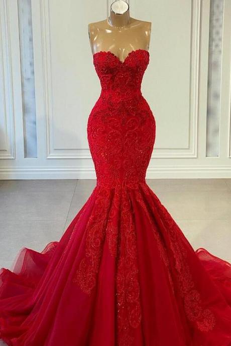 Elegant Sweetheart Sleeveless Mermaid Red Prom Dress