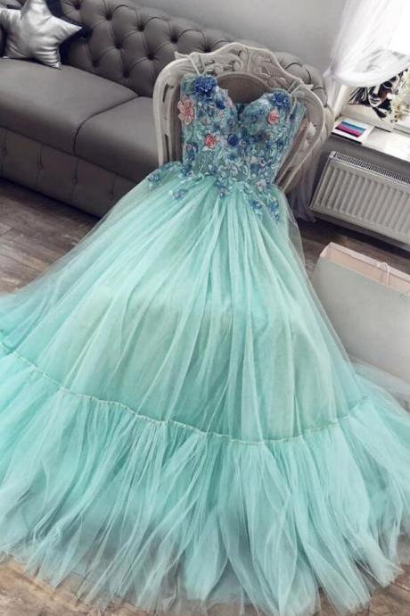 Sweetheart Green Tulle Lace Long Prom Dress