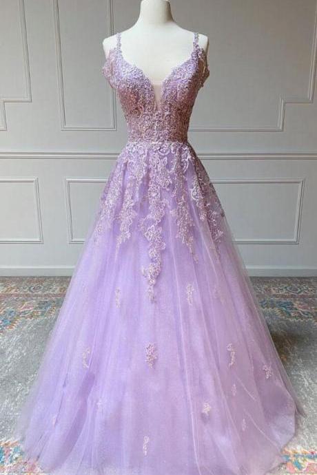 A Line V Neck Tulle Lace Long Purple Lace Formal Dress