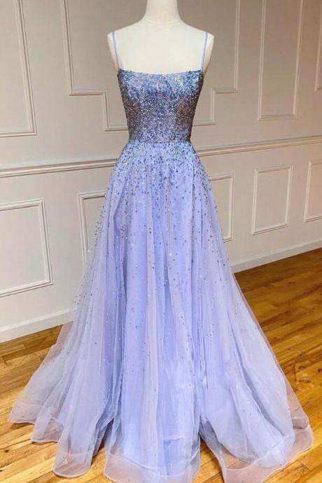 A Line Straps Purple Tulle Sequin Long Prom Dress