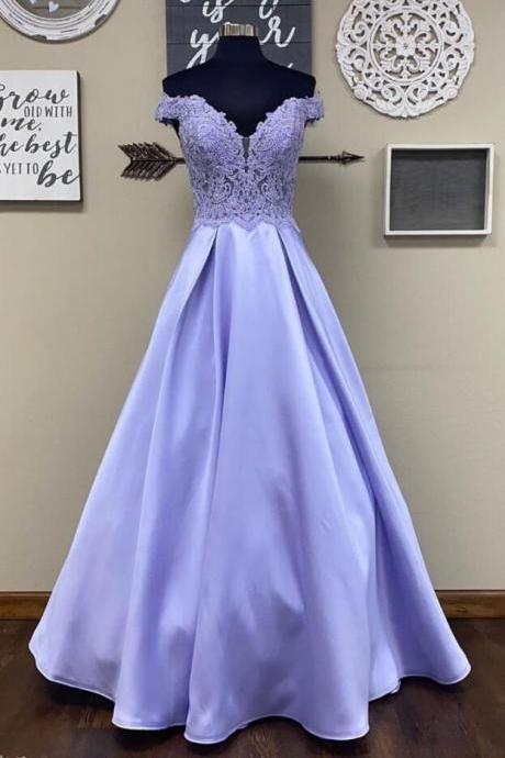A Line Purple Lace Satin Long Prom Dress