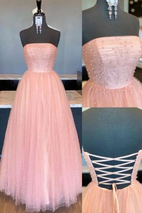 A-line Long Pink Tulle Prom Dress
