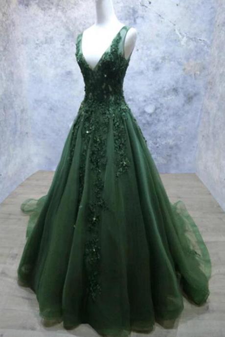 Dark Green V-neckline Low Back Formal Dress With Lace Applique