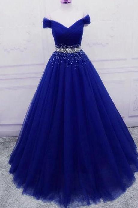 Elegant Off Shoulder Royal Blue Tulle Sequins Prom Dress