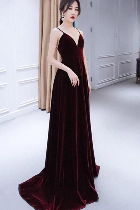 Beautiful Straps Wine Red Velvet Prom Dress