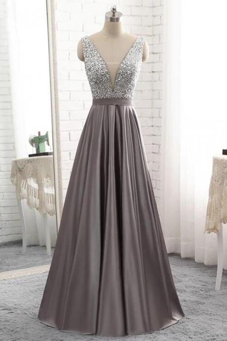 A Line Grey Satin Skirt Long Prom Dresses