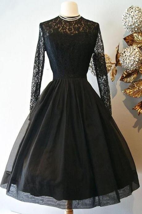 Cute Black Lace Long Sleeve Prom Dress