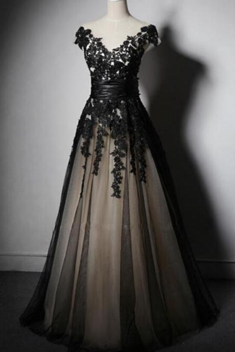 A Line Black Long Lace Applique Lace Up Prom Dresses