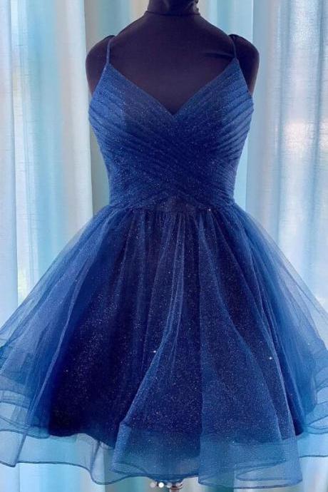 A Line Blue Tulle Short Prom Dress