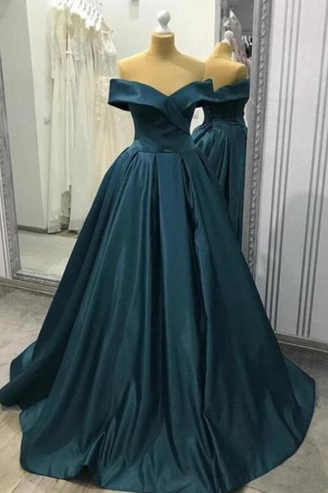 Off Shoulder Blue-green Long Prom Dresses