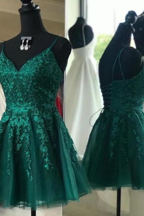 Sexy V Neck Emerald Green Short Prom Dresses