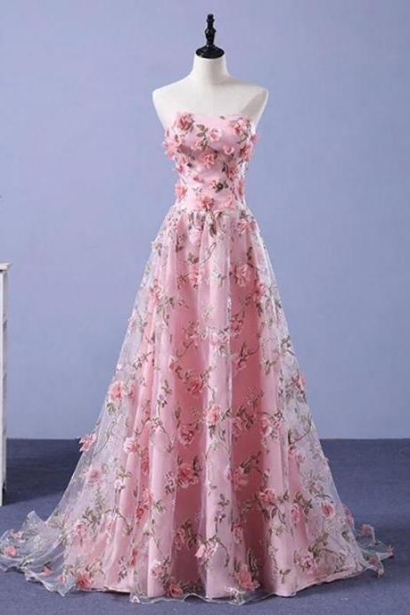 Strapless Open Back Pink Lace Prom Dresses With 3d Flowers