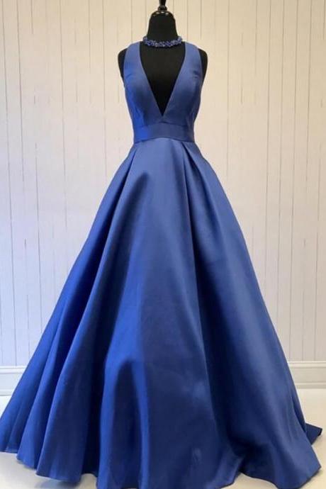 A Line Deep V Neck Navy Blue Satin Long Prom Dresses