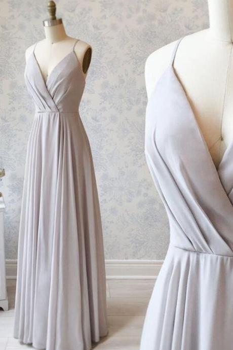 Simple A Line V Neck Long Gray Chiffon Prom Dresses